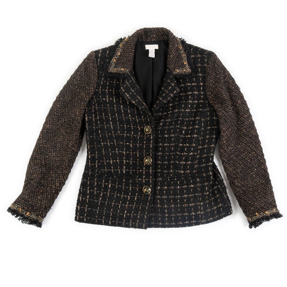 CHICO'S black brown tweed knit 3 button blazer size Chicos 0 (US size 4)